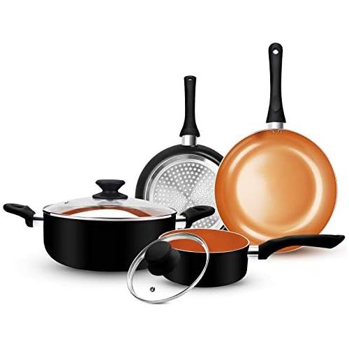  [아마존베스트]FRUITEAM 6pcs Cookware Set Ceramic Nonstick Soup Pot/Sauce Pan/Frying Pans Set, Copper Aluminum Pan with Lid, Induction Gas Compatible, Black