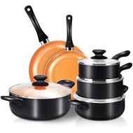 [아마존베스트]FRUITEAM 10pcs Cookware Set Ceramic Nonstick Soup Pot, Milk Pot and Frying Pans Set, Copper Aluminum Pan with Lid, Induction Gas Compatible, 1 Year Warranty Mothers Day Gifts for W