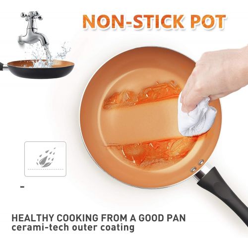  [아마존베스트]FRUITEAM 10pcs Cookware Set Ceramic Nonstick Soup Pot, Milk Pot and Frying Pans Set, Copper Aluminum Pan with Lid, Induction Gas Compatible, 1 Year Warranty Mothers Day Gifts for W