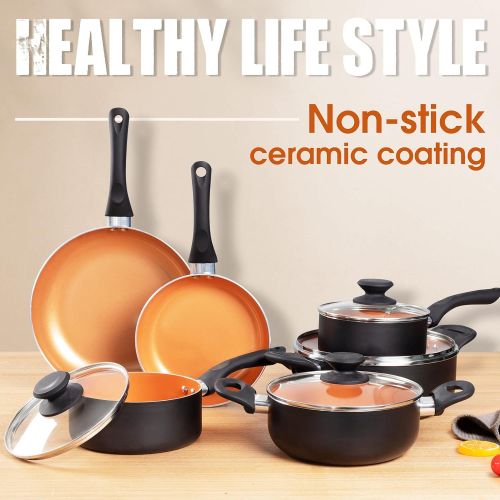  [아마존베스트]FRUITEAM 10pcs Cookware Set Ceramic Nonstick Soup Pot, Milk Pot and Frying Pans Set, Copper Aluminum Pan with Lid, Induction Gas Compatible, 1 Year Warranty Mothers Day Gifts for W