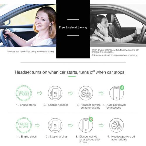  FRUZAZ Smart Car Charging Bluetooth Convenient to Answer Hanging Headphones Aluminum with USB Charging Bluetooth 4.0 Mobile Phone Headset Comfortable Wear Fashion Safety Headphones