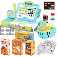 [아마존 핫딜] FS Pretend Play Calculator Cash Register Toy as Preschool Gift for Kids, Classic Count Toy with Sound, Microphone, Scanner, Pretend Credit Card, Play Food for Boys & Girls,45 Piece