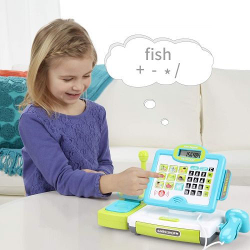  [아마존 핫딜] FS Pretend Play Calculator Cash Register Toy as Preschool Gift for Kids, Classic Count Toy with Sound, Microphone, Scanner, Pretend Credit Card, Play Food for Boys & Girls,45 Piece