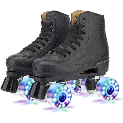  FTYUNWE Roller Skates Adult Women, Outdoor Quad Roller Shoe with Light Up Wheels, Unisex Classic High Top Quad Rink Skates Adjustable for Girls Men Kids and Beginner,Black-35EU/5US