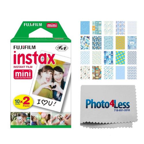 후지필름 Fujifilm instax mini Instant Film (20 Exposures) + 20 Sticker Frames for Fuji Instax Prints Baby Boy Themed Package + Photo4Less Cleaning Cloth  Deluxe Accessory Bundle