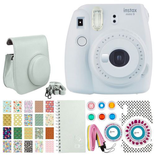 후지필름 Fujifilm instax mini 9 Instant Film Camera (Smokey White) + 20 Sticker Frames for Fuji Instax Prints Animal Package + Scrapbook Album + Case with Closure + Striped Neck Strap + Col