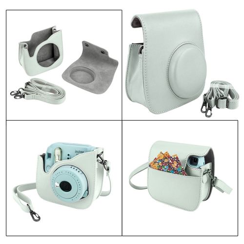 후지필름 Fujifilm instax mini 9 Instant Film Camera (Smokey White) + 20 Sticker Frames for Fuji Instax Prints Animal Package + Scrapbook Album + Case with Closure + Striped Neck Strap + Col