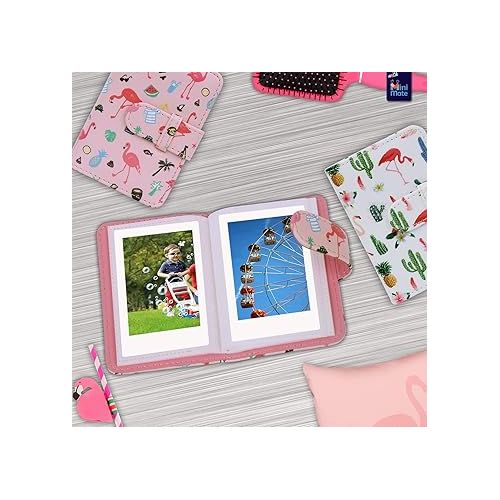 후지필름 Fujifilm Instax Mini 12 Instant Camera + MiniMate Accessory Bundle & Compatible Custom Case + Fuji Instax Film Value Pack (50 Sheets) Flamingo Designer Photo Album