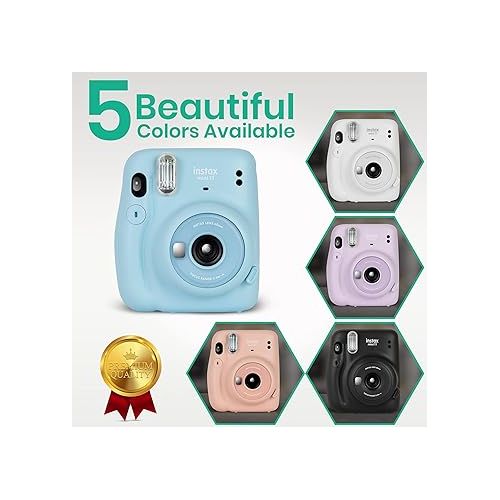 후지필름 Fujifilm Instax Mini 11 Camera with Fujifilm Instant Mini Film (60 Sheets) Bundle with Deals Number One Accessories Including Carrying Case, Selfie Lens, Photo Album, Stickers (Ice White)