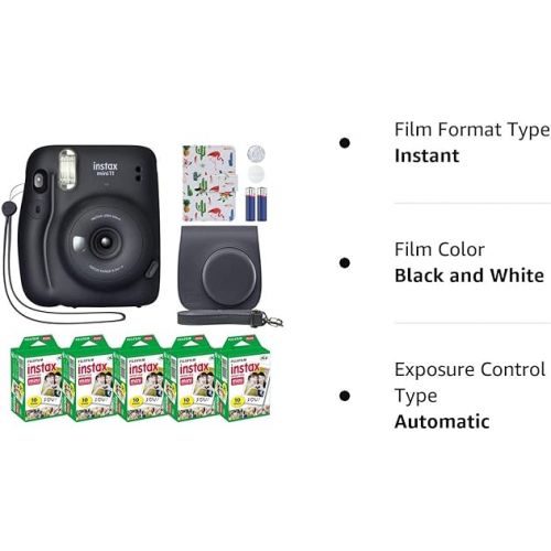 후지필름 Fujifilm Instax Mini 11 Instant Camera + MiniMate Accessory Bundle & Compatible Custom Case + Fuji Instax Film Value Pack (50 Sheets) Flamingo Designer Photo Album (Charcoal Gray, Standard Packaging)
