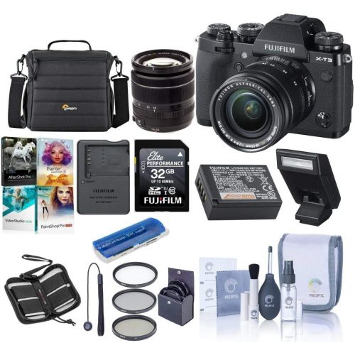 후지필름 Fujifilm X-T3 26.1MP Mirrorless Camera with XF 18-55mm f/2.8-4 R LM OIS Lens, Black - Bundle with 32GB SDHC Card, Camera Case, 58mm Filter Kit, Cleaning Kit, Card Reader, PC Softwa