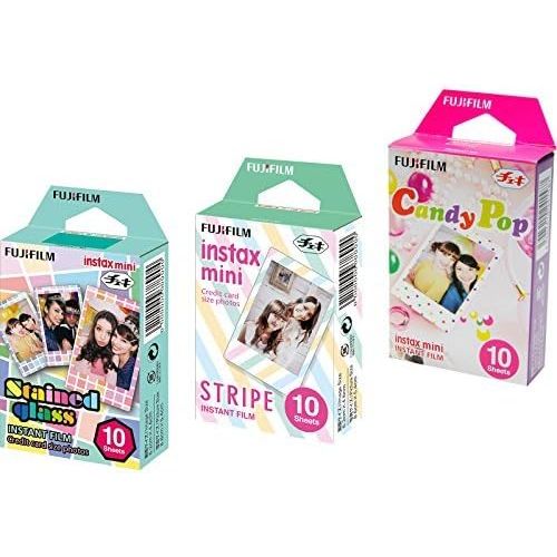 후지필름 Fujifilm Instax Mini Instant Film 3 Pack Bundle (30 Sheets) with Stained Glass, Candy Pop & Stripe Instant Film