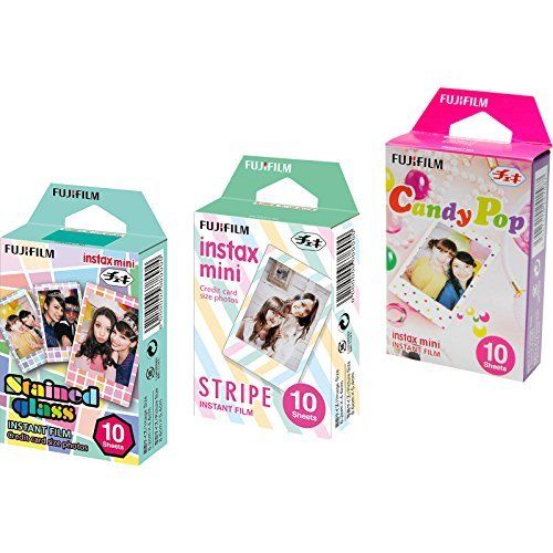 후지필름 Fujifilm Instax Mini Instant Film 3 Pack Bundle (30 Sheets) with Stained Glass, Candy Pop & Stripe Instant Film