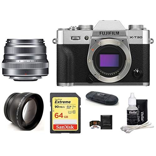 후지필름 FUJIFILM X-T30 Mirrorless Digital Camera Body (Silver) + XF 35mm f/2 R WR Lens (Silver) Bundle, Includes: SanDisk 64GB Extreme SDXC Memory Card, Card Reader, Memory Card Wallet and