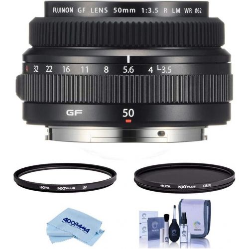 후지필름 Fujifilm FUJINON GF 50mm F/3.5 R LM WR Lens for GFX Medium Format System - Bundle with Hoya NXT Plus 62mm HMC UV Filter, Hoya NXT Plus 62mm HMC Circular Polarizer Filter, Cleaning