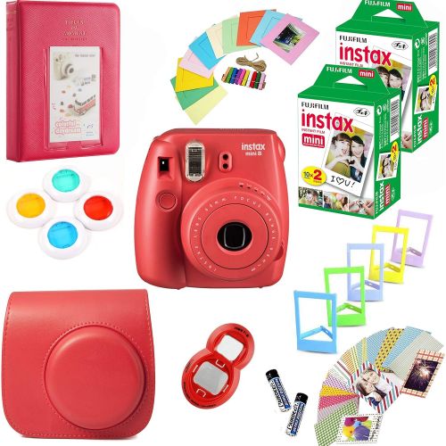 후지필름 Fujifilm Instax Mini 8 Film Camera (Raspberry) + 2 Twin Packs Instax Film (40 Shots Total) + Pleather Protective Camera Case + Photix 5-Color Frame Set + Decorative Stick-on Frames