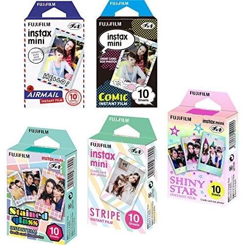 후지필름 Fujifilm Instax Mini 5 Pack Bundle Includes Stained Glass, Comic, Stripe, Shiny Star, Airmail. 10 sheets X 5 Pack = 50 Sheets.