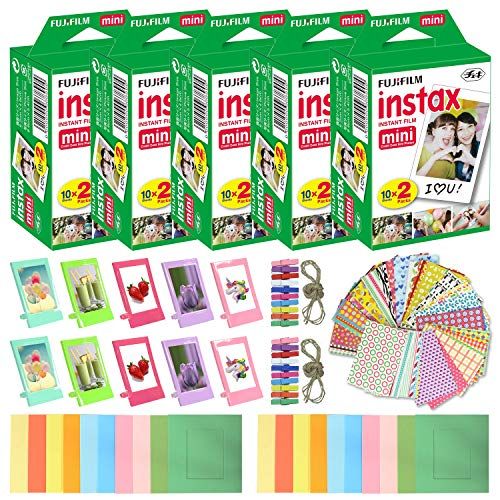 후지필름 Fujifilm Instax Mini Instant Film (5 Pack, 100 Sheets) 10 Plastic Desk Frames + 20 Paper Frames Plus 60 Sticker Frames