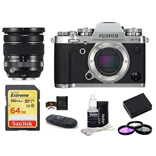 후지필름 FUJIFILM X-T3 Mirrorless Digital Camera Body with XF 16-80mm f/4 R OIS WR Lens Bundle, Includes: SanDisk 64GB Extreme SDXC Memory Card, Card Reader, Memory Card Wallet + More (8 It