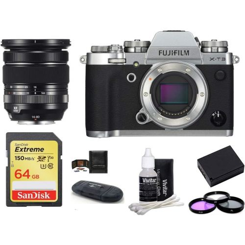 후지필름 FUJIFILM X-T3 Mirrorless Digital Camera Body with XF 16-80mm f/4 R OIS WR Lens Bundle, Includes: SanDisk 64GB Extreme SDXC Memory Card, Card Reader, Memory Card Wallet + More (8 It