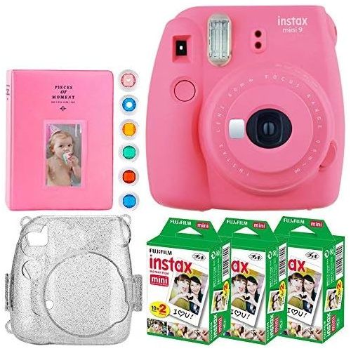 후지필름 Fujifilm instax Mini 9 Instant Film Camera + Fujifilm Instax Mini Instant (60 Shots) + Hard Case with Glitter + 6 Colored Lens Filters + Large Album  Accessory Bundle (Deluxe Bund