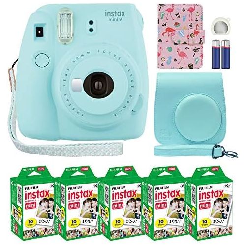 후지필름 Fujifilm Instax Mini 9 Instant Camera Ice Blue with Custom Case + Fuji Instax Film Value Pack (50 Sheets) Flamingo Designer Photo Album for Fuji instax Mini 9 Photos