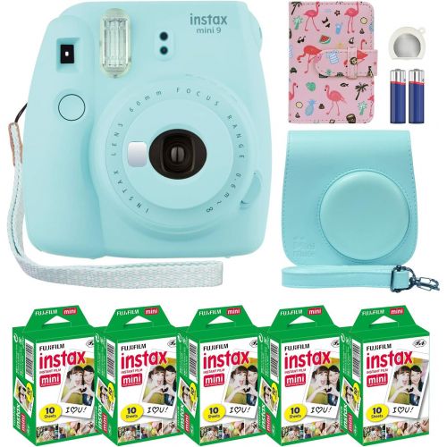 후지필름 Fujifilm Instax Mini 9 Instant Camera Ice Blue with Custom Case + Fuji Instax Film Value Pack (50 Sheets) Flamingo Designer Photo Album for Fuji instax Mini 9 Photos