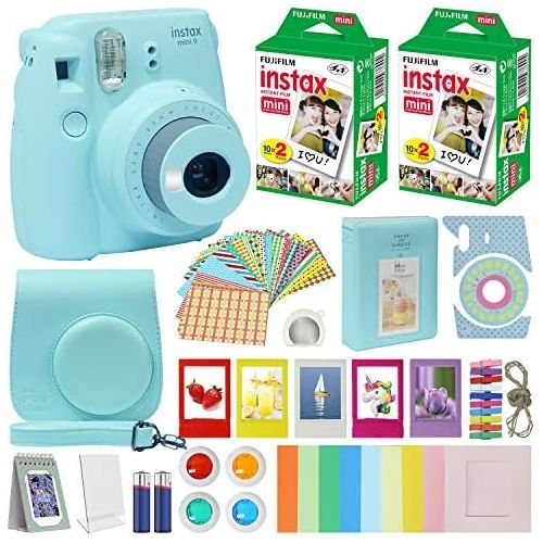 후지필름 Fuji Instax Mini 9 Instant Camera ICE Blue w/Case + Fuji Instax Film Value Pack (40 Sheets) for Fujifilm Instax Mini 9 Camera + Accessories, Color Filters, Photo Album, Selfie Lens
