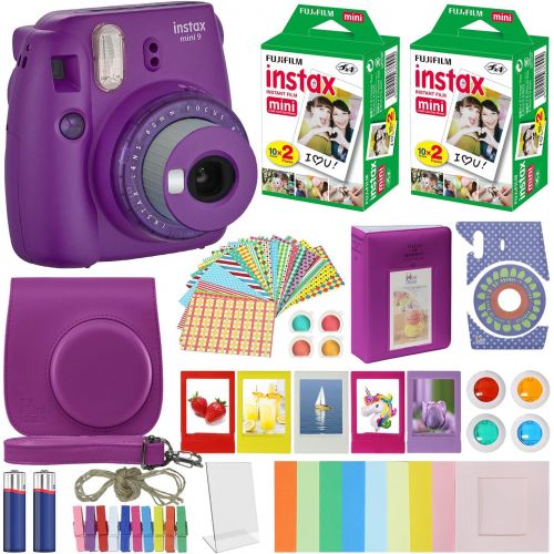 후지필름 Fujifilm Instax Mini 9 - Instant Camera Clear Purple with Clear Accents with Carrying Case + Fuji Instax Film Value Pack (40 Sheets) Accessories Bundle, Color Filters, Photo Album,