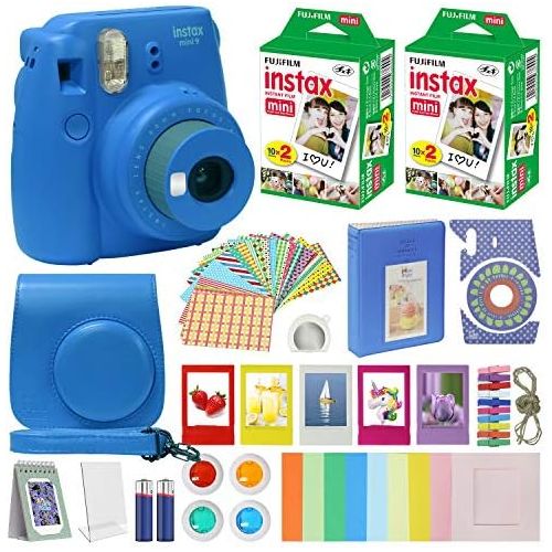 후지필름 Fujifilm Instax Mini 9 - Instant Camera Cobalt Blue with Carrying Case + Fuji Instax Film Value Pack (40 Sheets) Accessories Bundle, Color Filters, Photo Album, Assorted Frames, Se