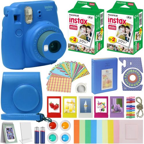 후지필름 Fujifilm Instax Mini 9 - Instant Camera Cobalt Blue with Carrying Case + Fuji Instax Film Value Pack (40 Sheets) Accessories Bundle, Color Filters, Photo Album, Assorted Frames, Se