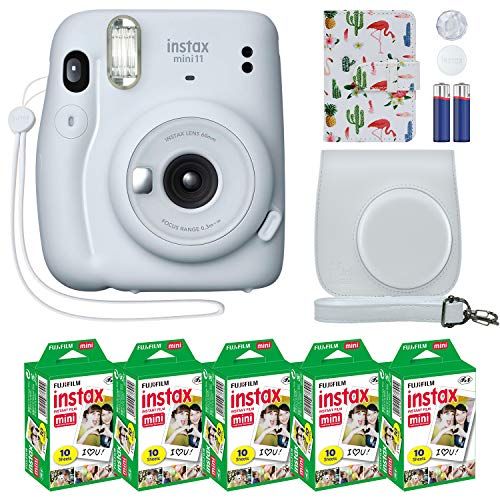 후지필름 Fujifilm Instax Mini 11 Instant Camera Ice White + Custom Case + Fuji Instax Film Value Pack (50 Sheets) Flamingo Designer Photo Album for Fuji instax Mini 11 Photos