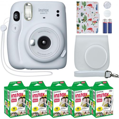 후지필름 Fujifilm Instax Mini 11 Instant Camera Ice White + Custom Case + Fuji Instax Film Value Pack (50 Sheets) Flamingo Designer Photo Album for Fuji instax Mini 11 Photos