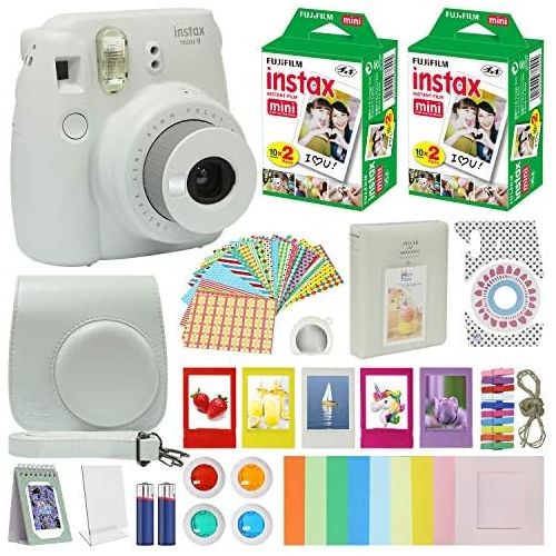 후지필름 Fujifilm Instax Mini 9 Instant Camera Smokey White with Carrying Case + Fuji Instax Film Value Pack (40 Sheets) Accessories Bundle, Color Filters, Photo Album, Assorted Frames, Sel