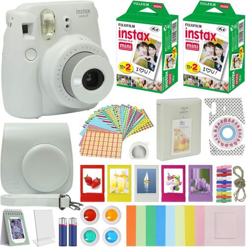 후지필름 Fujifilm Instax Mini 9 Instant Camera Smokey White with Carrying Case + Fuji Instax Film Value Pack (40 Sheets) Accessories Bundle, Color Filters, Photo Album, Assorted Frames, Sel