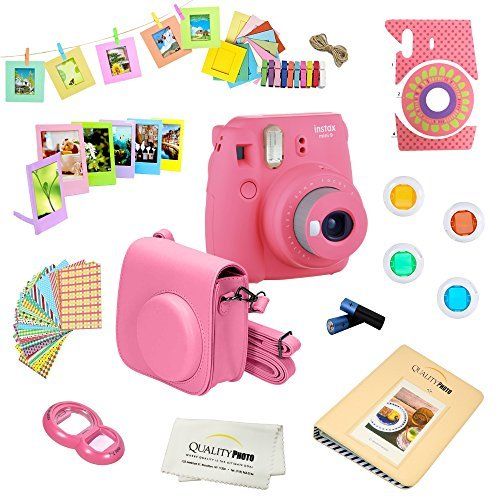 후지필름 Fujifilm Instax Mini 9 Camera + 14 PC Instax Accessories kit Bundle, Includes; Instax Case + Album + Frames & Stickers + Lens Filters + More (Flamingo Pink)