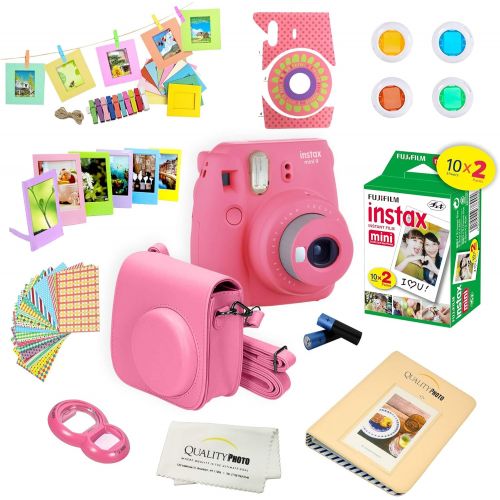 후지필름 Fujifilm Instax Mini 9 Instant Camera w/Fujifilm Instax Mini 9 Instant Films (20 Pack) + A14 Pc Deluxe Bundle for Fujifilm Instax Mini 9 Camera (Flamingo pink)