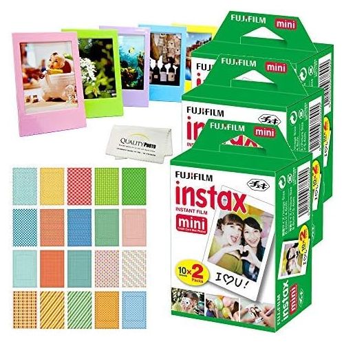 후지필름 Fujifilm Instax Mini Instant Film, (6 Pack = 60 Sheets) for Fujifilm Mini 9 or Mini 8 Camera + 5 Colored Frames + 20 Assorted Colorful Sticker Frames + Microfiber Cloth by Quality