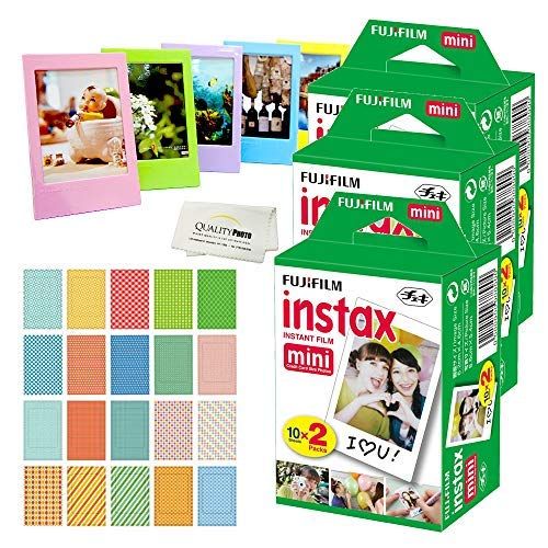 후지필름 Fujifilm Instax Mini Instant Film, (6 Pack = 60 Sheets) for Fujifilm Mini 9 or Mini 8 Camera + 5 Colored Frames + 20 Assorted Colorful Sticker Frames + Microfiber Cloth by Quality