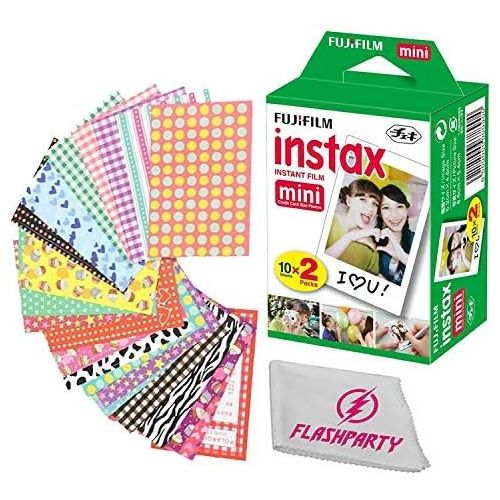 후지필름 FujiFilm Instax Mini Instant Film 1 Pack (1x20) 20 Sheets + 20 Border Stickers + Microfiber Cleaning Cloth for use with Fuji Cameras