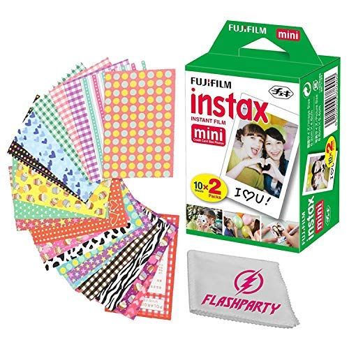 후지필름 FujiFilm Instax Mini Instant Film 1 Pack (1x20) 20 Sheets + 20 Border Stickers + Microfiber Cleaning Cloth for use with Fuji Cameras