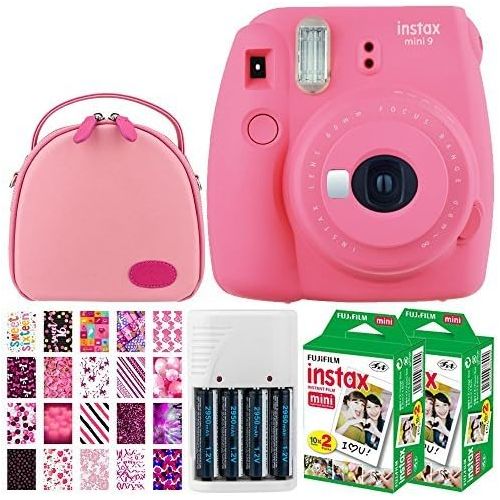 후지필름 Fujifilm instax mini 9 Instant Film Camera (Flamingo Pink) + Fujifilm Instax Mini Twin Pack Instant (40 Shots) + Round Camera Case + 4 AA Batteries & White Charger + 20 Sticker Fra