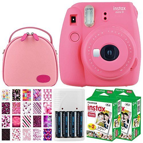 후지필름 Fujifilm instax mini 9 Instant Film Camera (Flamingo Pink) + Fujifilm Instax Mini Twin Pack Instant (40 Shots) + Round Camera Case + 4 AA Batteries & White Charger + 20 Sticker Fra