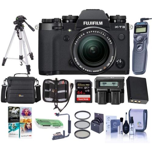 후지필름 Fujifilm X-T3 26.1MP Mirrorless Digital Camera with XF 18-55mm f/2.8-4 R LM OIS Lens, Black - Bundle with 64GB SDHC U3 Card, Camera Case, Spare Battery, Tripod, Remote Shutter, Sof