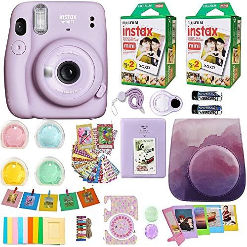 후지필름 Fujifilm Instax Mini 11 Camera + 2X Fuji Instant Instax Film (40 Sheets) Includes Camera Case + Frames, Photo Album, 4 Color Filters and More Top Accessories Bundle (Lilac Purple)