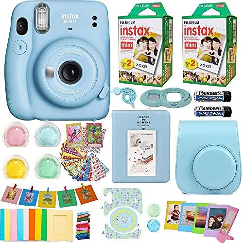 후지필름 Fujifilm Instax Mini 11 Camera + 2X Fuji Instant Instax Film (40 Sheets) Includes Camera Case + Frames, Photo Album, 4 Color Filters and More Top Accessories Bundle (Sky Blue)