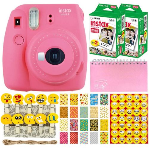 후지필름 Fujifilm Instax Mini 9 Instant Camera (Flamingo Pink) + Fujifilm Instax Mini Twin Pack Instant Film (40 Shots) + Scrapbooking Album + 20 Sticker Frames Emoji Package + Emoji Photo