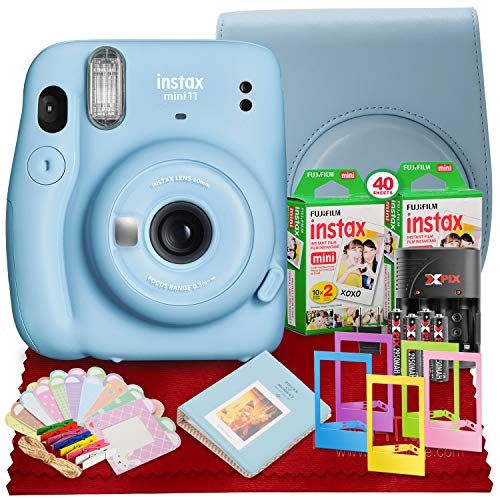 후지필름 PS FUJIFILM INSTAX Mini 11 Instant Film Camera (Sky Blue) with Fujifilm Instax Mini Twin Film (40 Exposures), Accessory Case, and Accessories Bundle