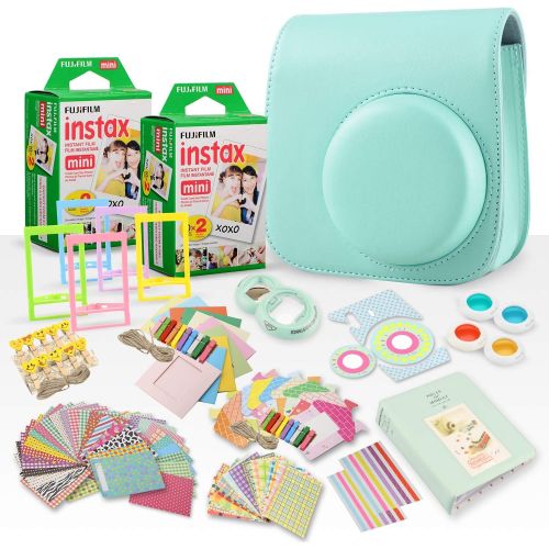 후지필름 FUJIFILM INSTAX Mini Instant Film (X2) (40 Exposures) + FUJIFILM INSTAX Ice Blue 168 Piece Accessory Bundle W/Camera Case, Selfie Lens, Photo Album, Decorative Stickers, Frames & M