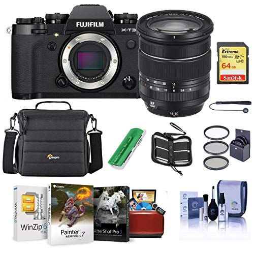후지필름 Fujifilm X-T3 Mirrorless Camera with XF 16-80mm F4.0 R OIS WR Lens, Black - Bundle with 64GB SDXC Card, Camera Case, 72mm Filter Kit, Cleaning Kit, Memoery Wallet, Card Reader, Mac
